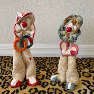 Vintage Clown figurines with a heart collectible hand made clay art set of 2
